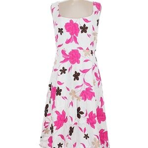 Ann Taylor White Midi Dress with Hot Pink and Brown Floral Print